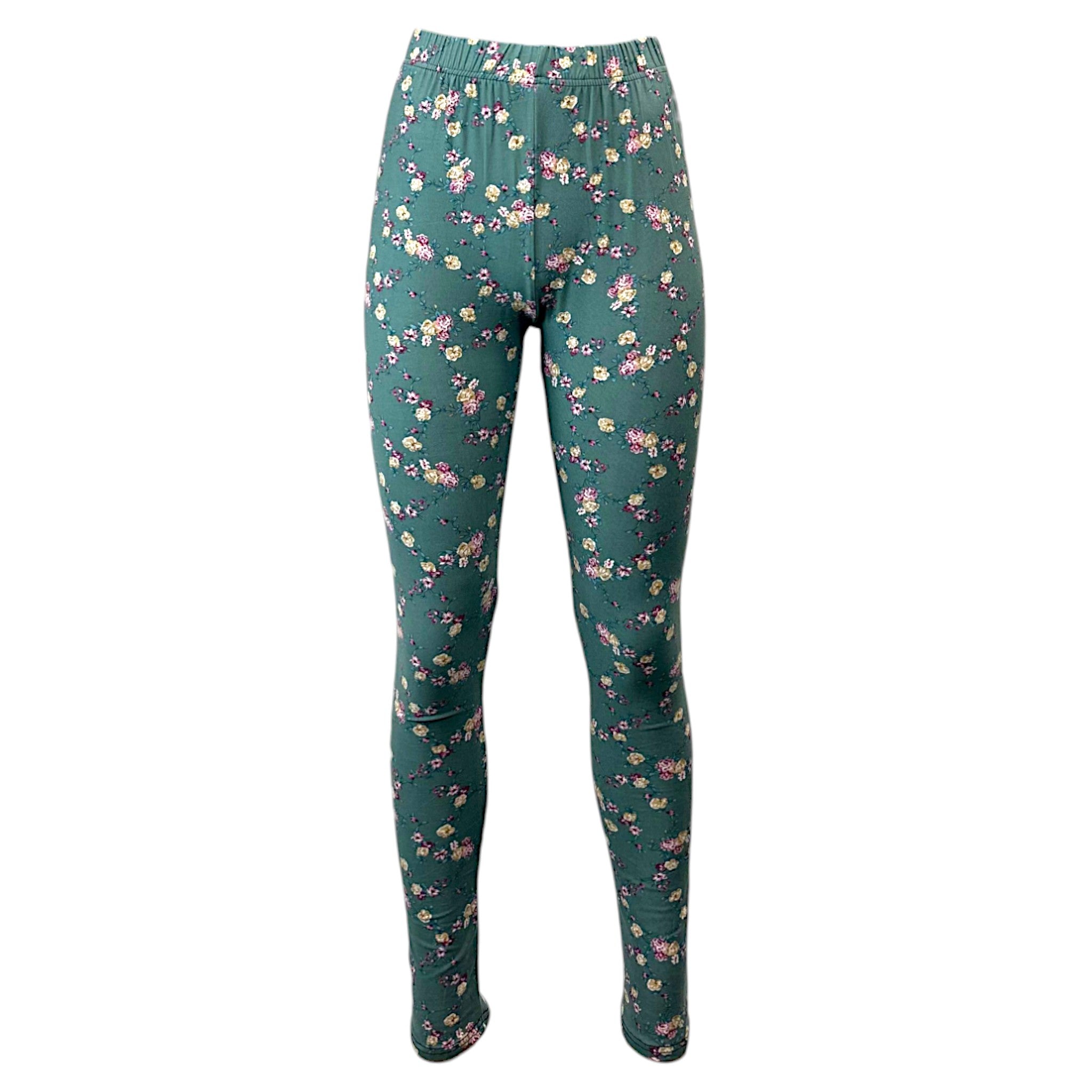 Women's full-length sage green leggings with pink floral design, comfortable stretchy fabric, ideal for casual outfits.